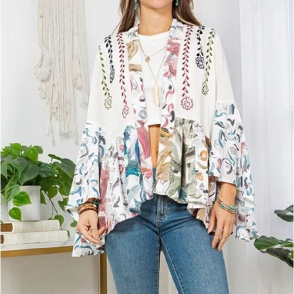 #331 CLOSEOUT FIRM 🌸New! Boho Embroidered Multi Colored Kimono Duster - Picture 3 of 4